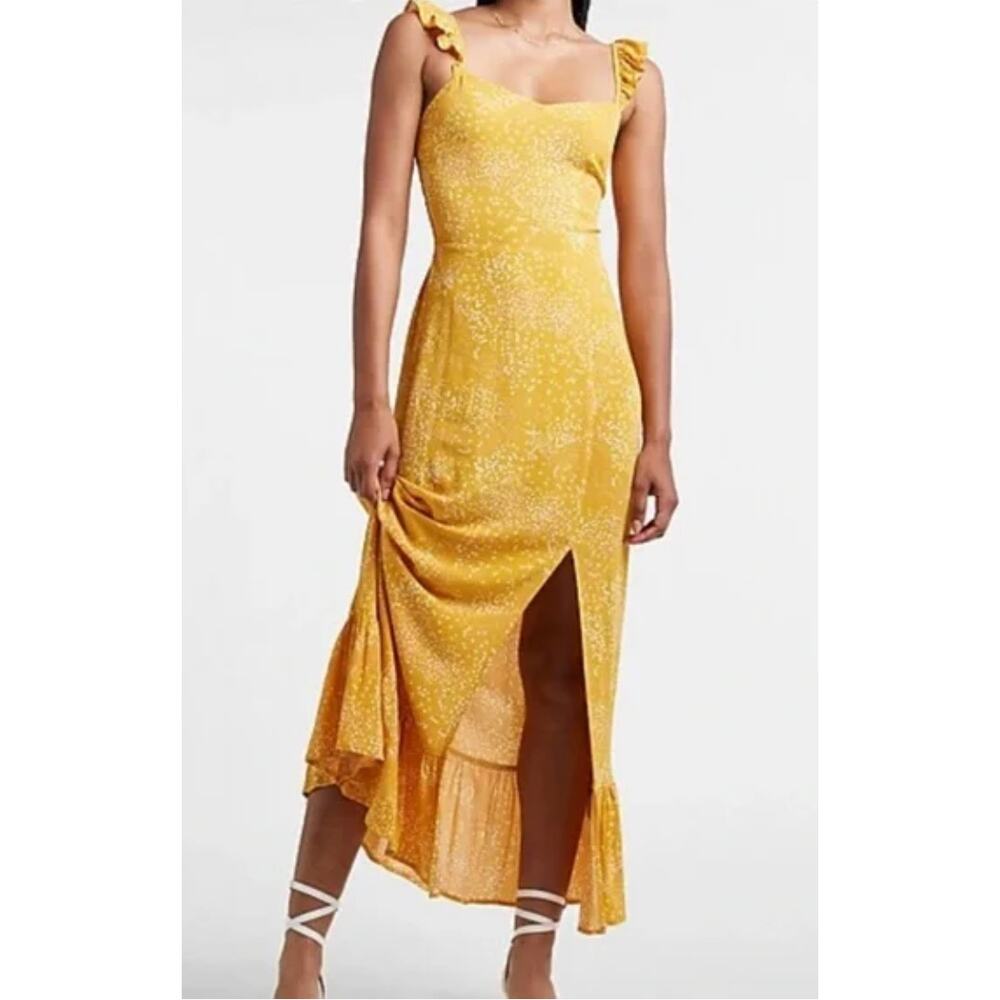 Express Womens Spot Print Ruffle Strap Sleeveless Midi Yellow/White Dress XS